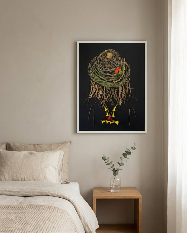 Midnight Garden Lady art in a white frame styled in a bedroom