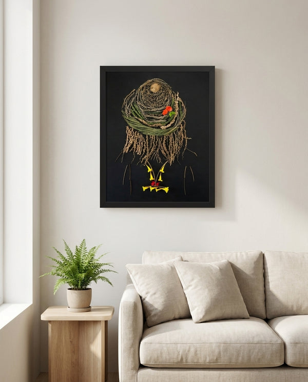 Midnight Garden Lady art in a black frame styled in a living room
