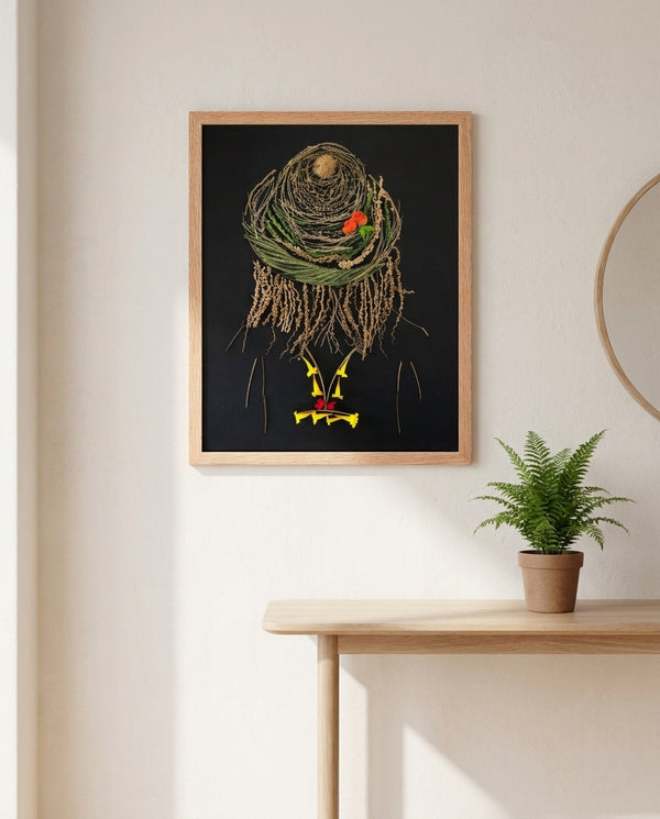 Midnight Garden Lady art in a red oak frame styled in an entryway