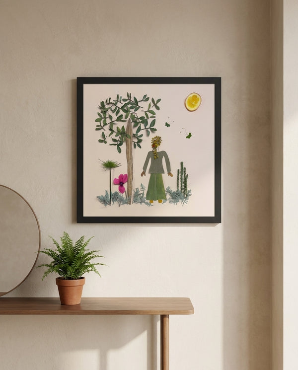 Mimosa Morning botanical garden scene wall art print in a black frame hanging in an entryway