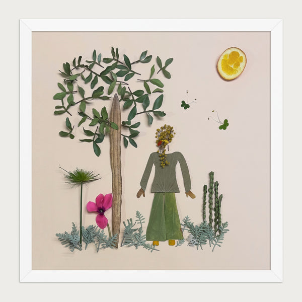 Mimosa Morning botanical garden scene wall art print by FloraFusion in a white frame, front view