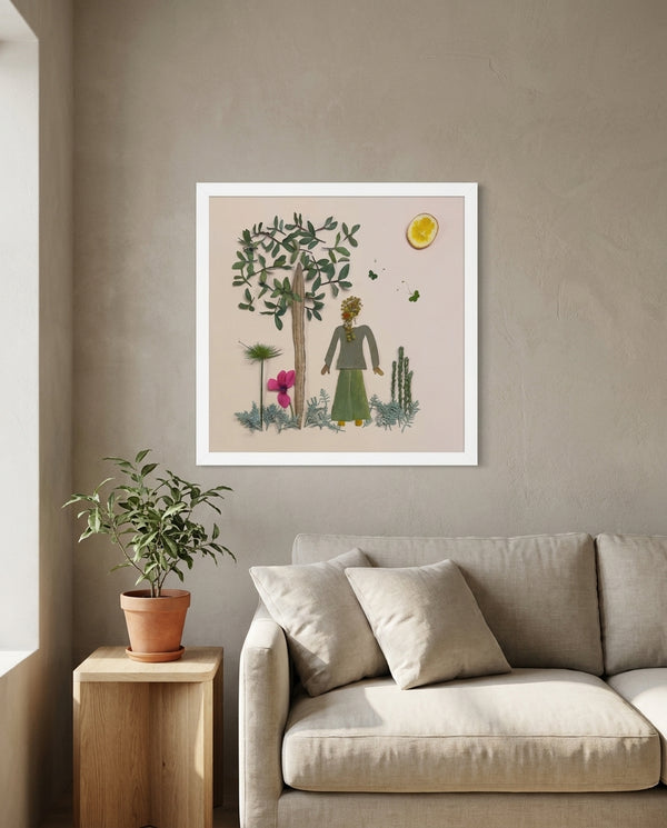 Mimosa Morning botanical garden scene wall art print in a white frame hanging in a living room