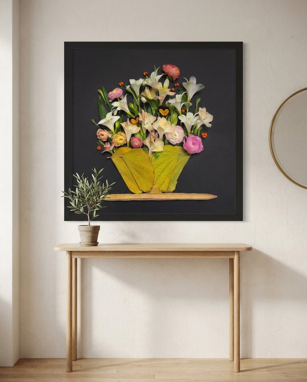 Moonlit Blooms dark botanical still life wall art print in a black frame hanging in an entryway