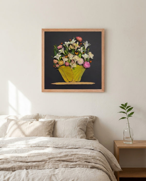 Moonlit Blooms dark botanical still life wall art print in a red oak wood frame hanging in a bedroom