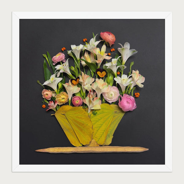 Moonlit Blooms dark botanical still life wall art print by FloraFusion in a white frame, front view