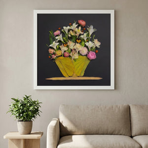 Moonlit Blooms dark botanical still life wall art print in a white frame hanging in a living room