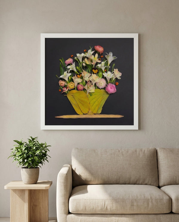Moonlit Blooms dark botanical still life wall art print in a white frame hanging in a living room