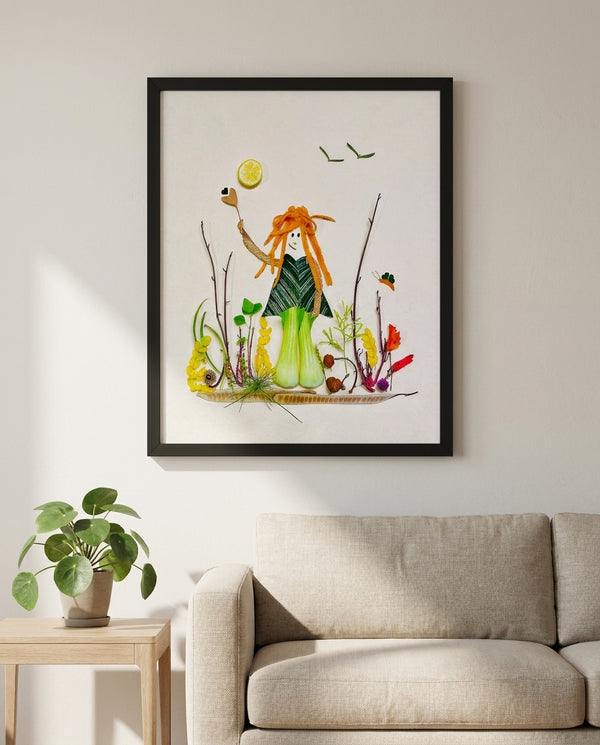 Nature at Play print in a black frame hanging in a living room
