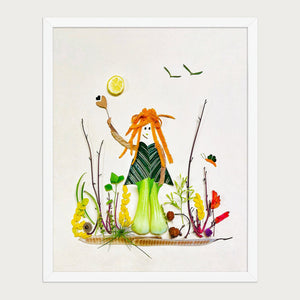 Nature at Play whimsical botanical art print in a white frame on a warm cream background