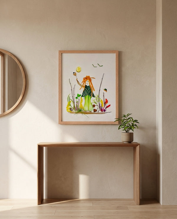 Nature at Play print in a red oak wood frame hanging in an entryway