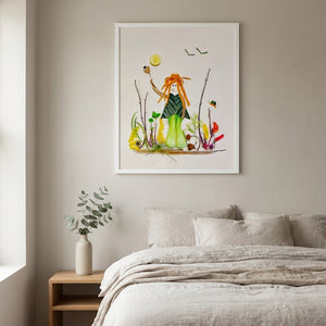 Nature at Play print in a white frame hanging in a bedroom