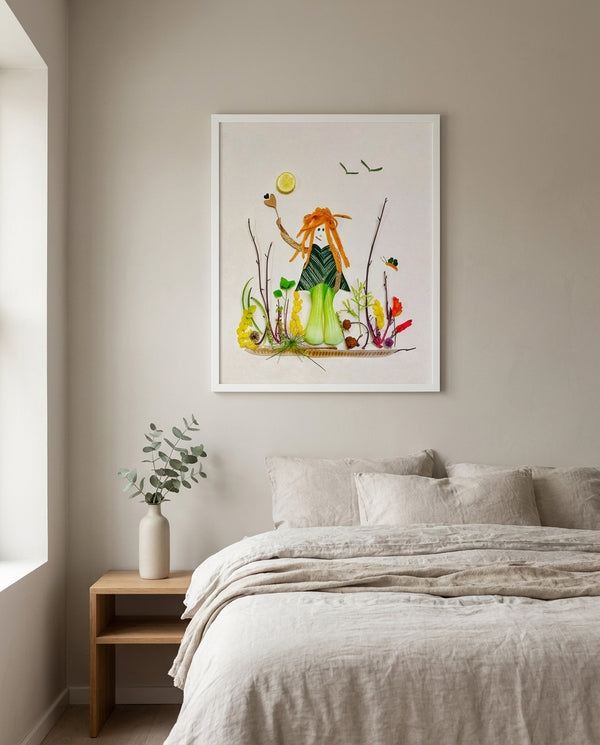 Nature at Play print in a white frame hanging in a bedroom
