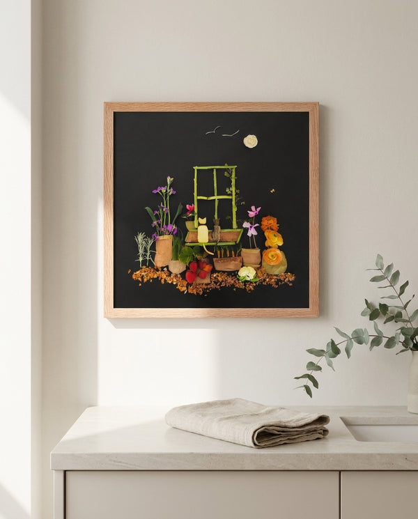Night Garden Cats botanical cat scene wall art print in a red oak wood frame hanging in a bathroom