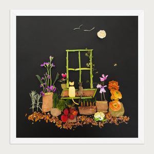 Night Garden Cats botanical cat scene wall art print by FloraFusion in a white frame, front view