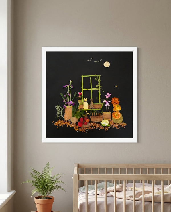 Night Garden Cats botanical cat scene wall art print in a white frame hanging in a nursery