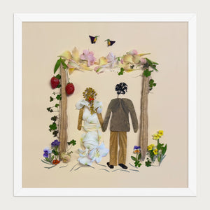 Petal Arch Wedding botanical wedding scene wall art print by FloraFusion in a white frame, front view