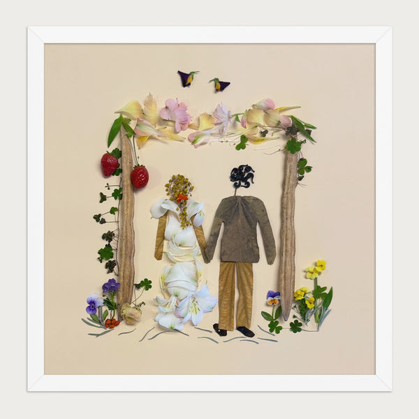 Petal Arch Wedding botanical wedding scene wall art print by FloraFusion in a white frame, front view