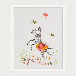 Petal Dance Zebra playful floral animal wall art print by FloraFusion in a white frame, front view