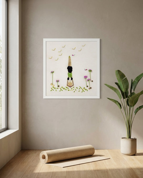 Petals in Balance art in a white frame styled in a yoga studio