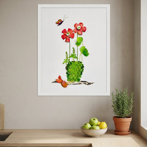 Plant Harmony art in a white frame hanging in a kitchen