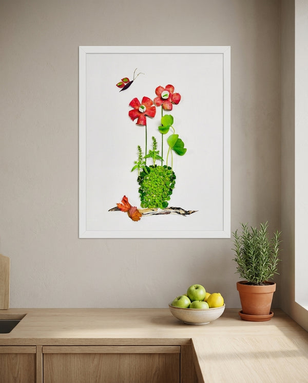 Plant Harmony art in a white frame hanging in a kitchen