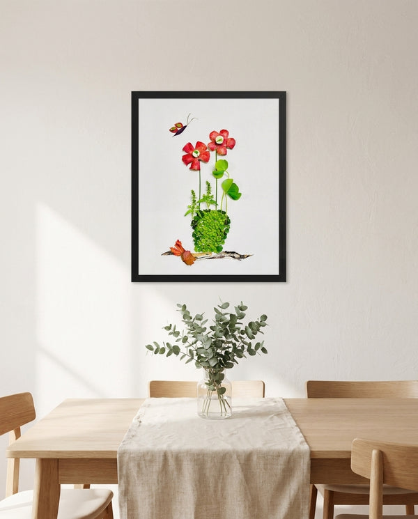 Plant Harmony art in a black frame hanging in a dining room