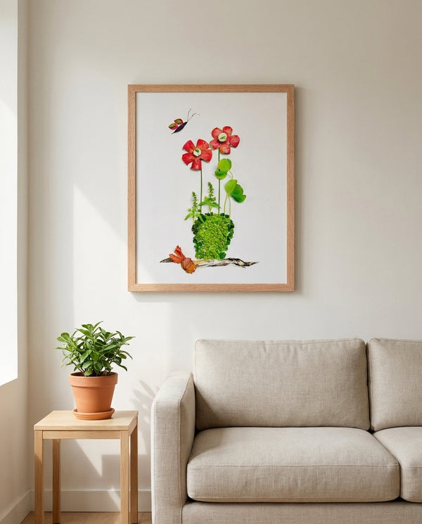 Plant Harmony art in a red oak frame hanging in a living room