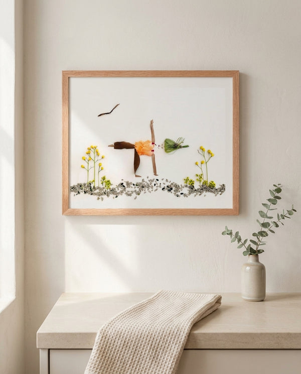 Poised in Nature art in a red oak frame styled in a bathroom