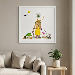 Quiet Day Wanderer art in a white frame styled in a living room