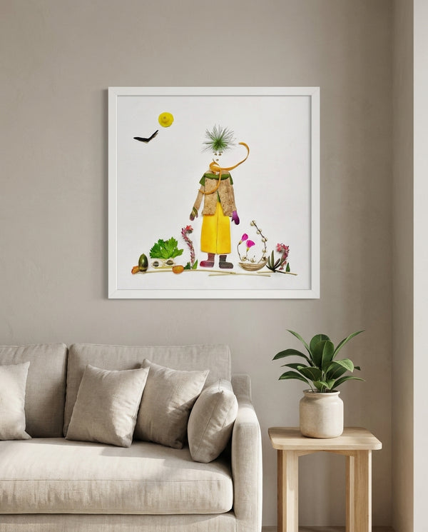 Quiet Day Wanderer art in a white frame styled in a living room