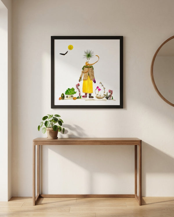 Quiet Day Wanderer art in a black frame styled in an entryway