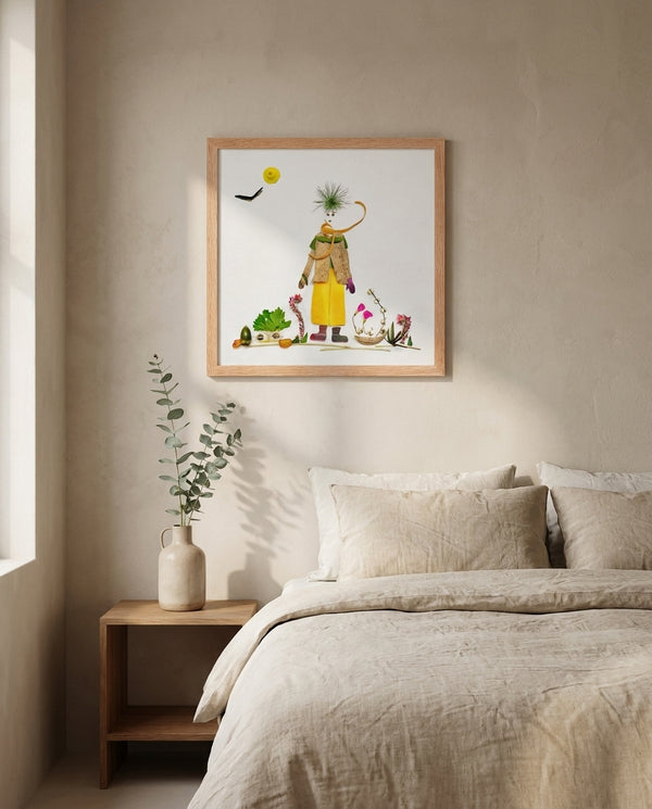 Quiet Day Wanderer art in a red oak frame styled in a bedroom
