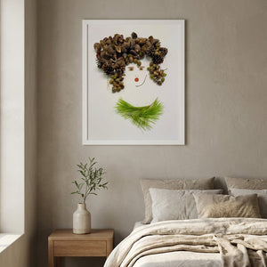Quiet Forest Woman art in a white frame hung in a serene bedroom