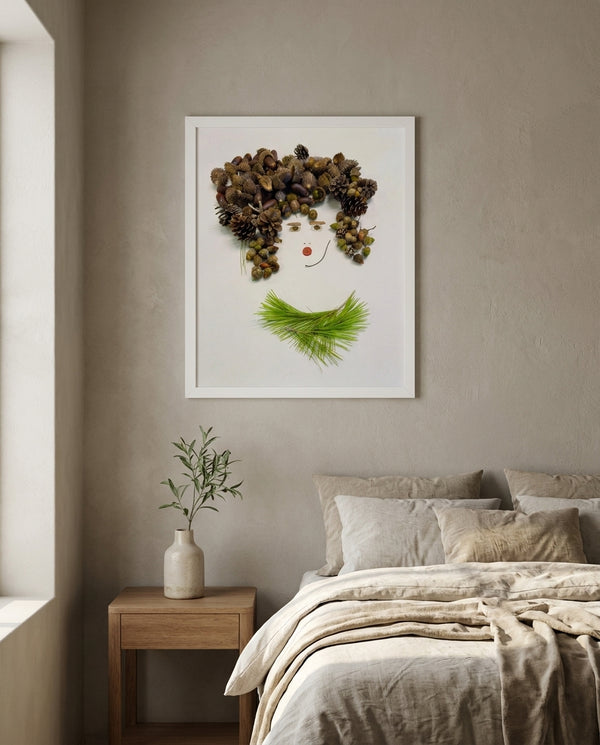 Quiet Forest Woman art in a white frame hung in a serene bedroom