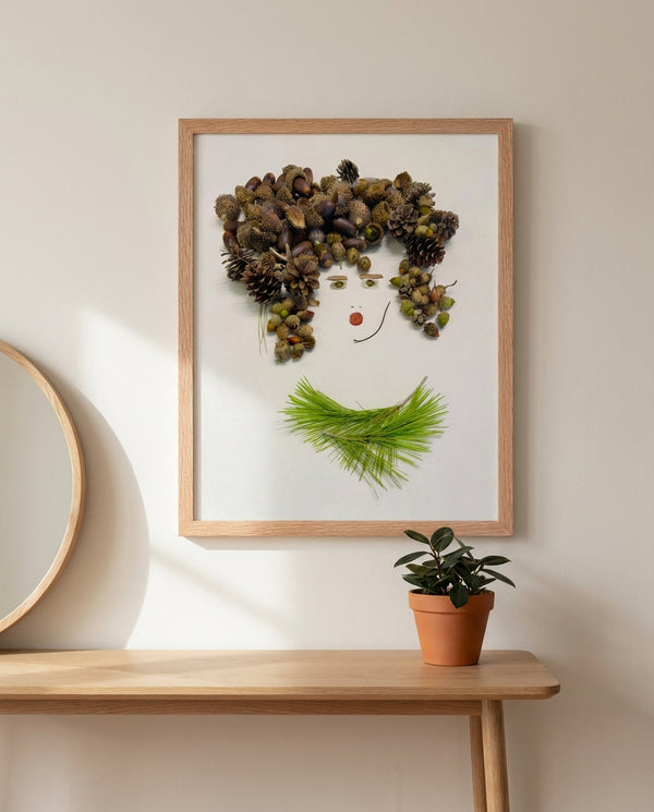 Quiet Forest Woman art in a red oak frame hung in an entryway