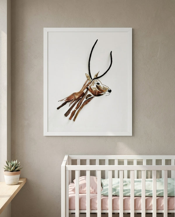 Quiet Gazelle in a white frame hung above a crib in a nursery