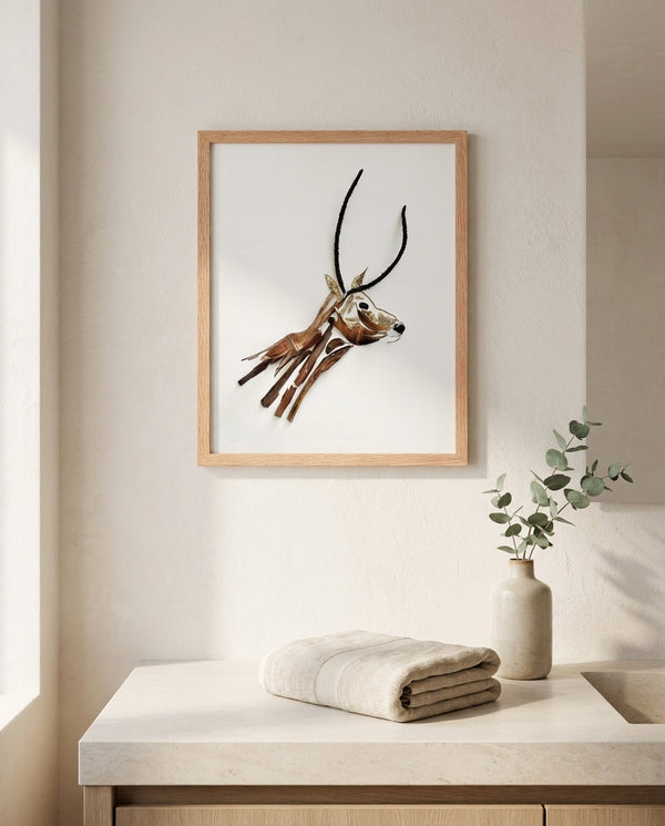 Quiet Gazelle in a red oak frame in a warm bathroom