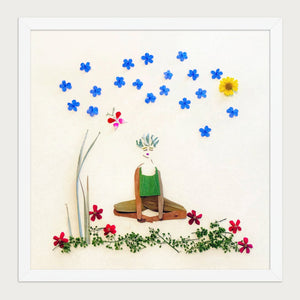 Quiet Joy Pose botanical meditation wall art in a white frame, front view