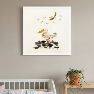 Quiet Wing Companions art in a white frame in a serene nursery