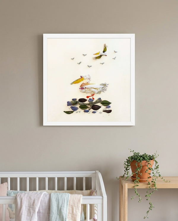 Quiet Wing Companions art in a white frame in a serene nursery