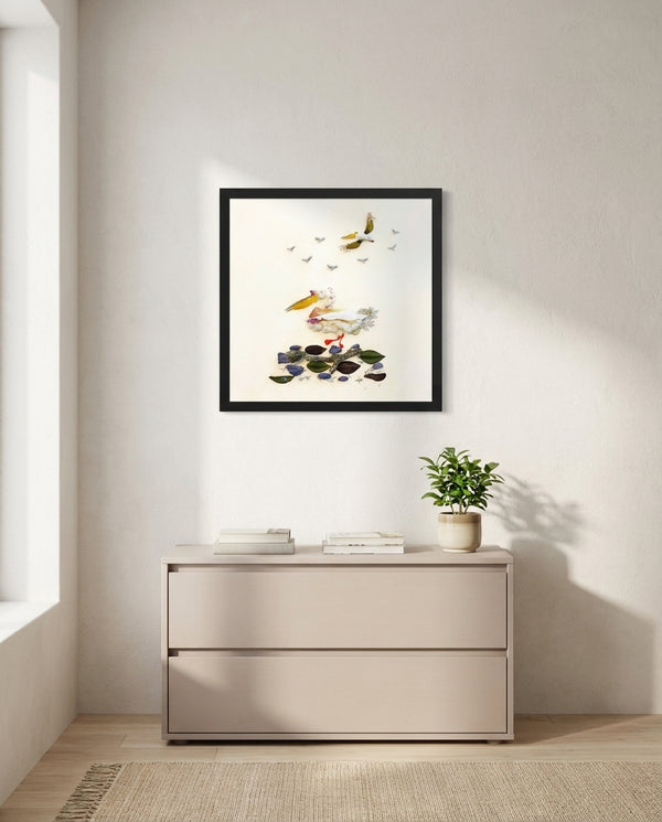 Quiet Wing Companions art in a black frame in a kids room