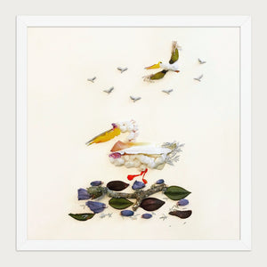 Quiet Wing Companions botanical bird wall art in a white frame, front view