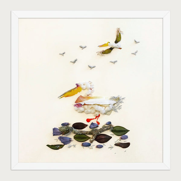 Quiet Wing Companions botanical bird wall art in a white frame, front view