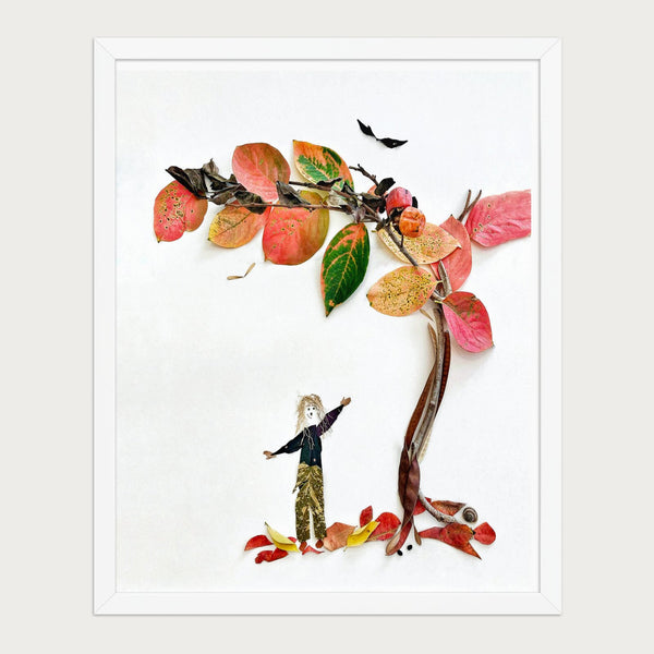 Reaching for Autumn botanical scene wall art in a white frame, front view