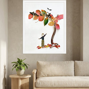 Reaching for Autumn art in a white frame in a serene living room