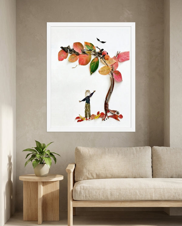 Reaching for Autumn art in a white frame in a serene living room