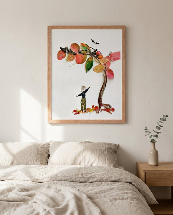 Reaching for Autumn art in a red oak wood frame in a bedroom