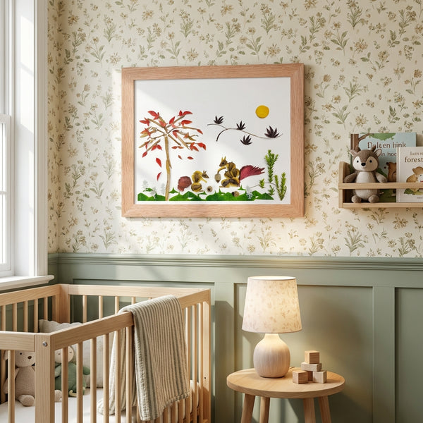Squirrels Beneath the Leaves - Floral Wildlife Wall Art Print