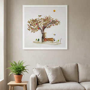 Rest Beneath the Tree art in a white frame in a serene living room