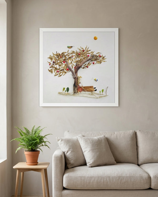 Rest Beneath the Tree art in a white frame in a serene living room